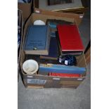 BOX OF ASSORTED BOOKS, TOGETHER WITH A BRASS BOUND BIBLE.