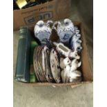 BOX OF MIXED ITEMS TO INCLUDE BOOTHS REGAL PATTERN PLATES, BLUE & WHITE CERAMICS, DELFT, ANIMAL