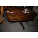 A 19TH CENTURY MAHOGANY DROP-LEAF PEDESTAL SUTHERLAND / SOFA TABLE WITH TWO SINGLE END DRAWERS ON