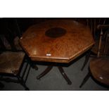 A 19TH CENTURY WALNUT AND MARQUETRY INLAID OCTAGONAL OCCASIONAL TABLE ON ASSOCIATED MAHOGANY BASE