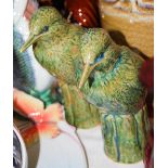 PAIR OF PENRITH POTTERY 'PEN 34' GREEN GLAZED KINGFISHER FORM NOVELTY WATER JUGS.