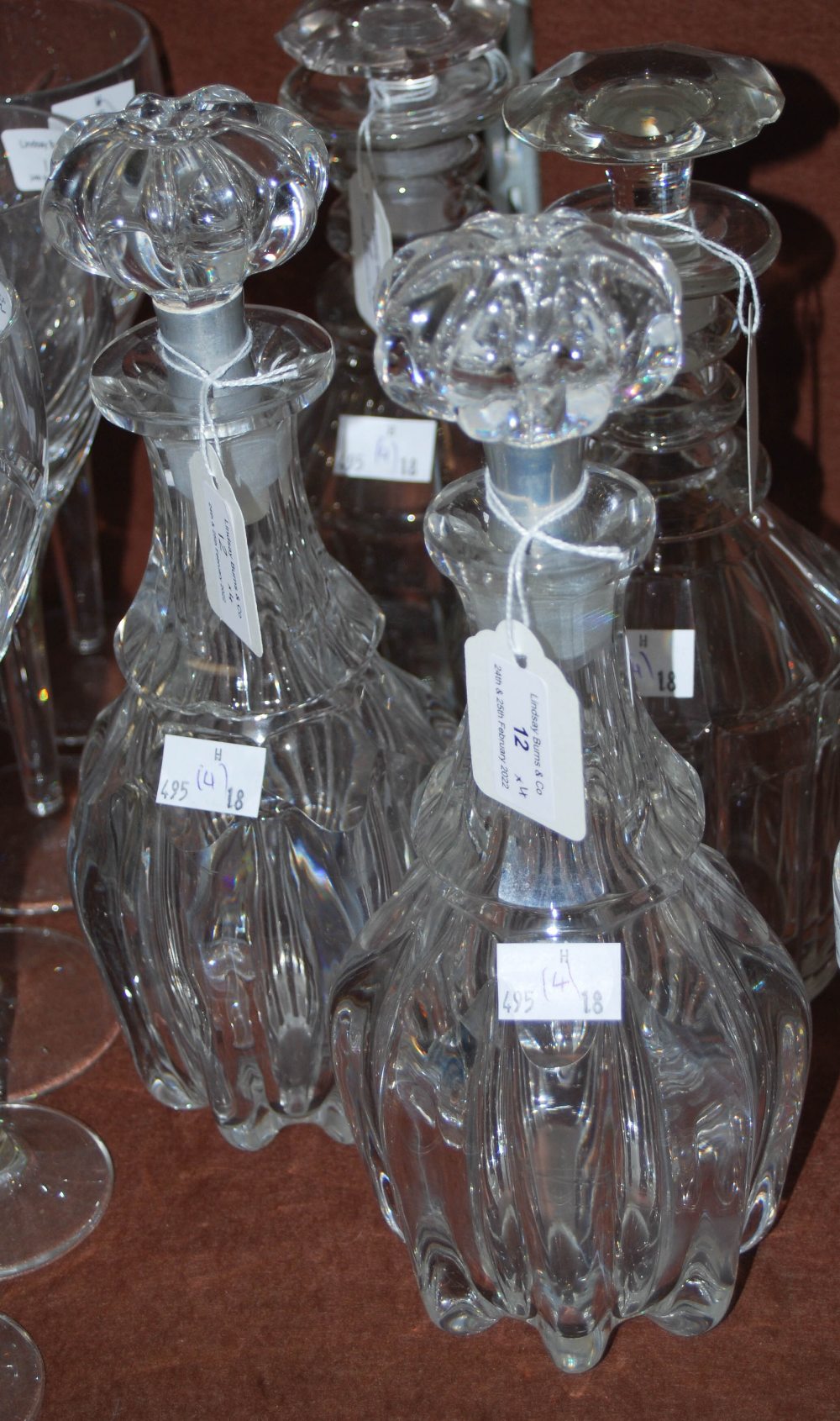 TWO NEAR PAIRS OF 19TH CENTURY DECANTERS AND STOPPERS.