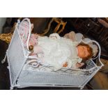 A 20TH CENTURY WHITE PAINTED METAL DOLL BED FRAME, TOGETHER WITH A GROUP OF FOUR ASSORTED 20TH