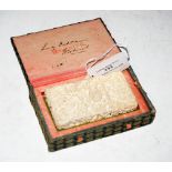 A 19TH CENTURY CHINESE IVORY CALLING CARD CASE IN ORIGINAL CLOTH BOX, INSCRIBED ON THE UNDERSIDE