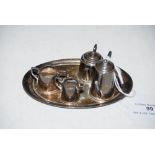 MINIATURE BIRMINGHAM SILVER FIVE PIECE TEA SET, COMPRISING TEA POT, COFFEE POT, SUGAR, CREAM AND