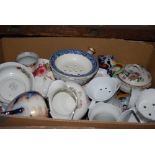 BOX OF ASSORTED VICTORIAN AND LATER POTTERY TO INCLUDE SHAVING JUGS, SOAP BOWLS, LINERS,