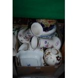 BOX OF ASSORTED DECORATIVE TRANSFER PRINTED CERAMICS TO INCLUDE VASES, BOWLS, PLATES, ETC.
