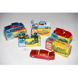 A GROUP OF FIVE CORGI TOY MODELS OF BRITISH CARS, INCLUDING MODEL 238 JAGUAR MARK X, MODEL 231