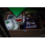 BOX OF ASSORTED HOUSEHOLD ITEMS TO INCLUDE CASED SETS OF CUTLERY, FLATWARE, WEDGWOOD SAUCE TUREEN