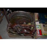 TWO BOXES OF ASSORTED MIDDLE-EASTERN METAL WARE TO INCLUDE TRAYS, OCCASIONAL TABLE, STANDS,