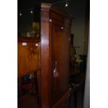 A 19TH CENTURY OAK AND MARQUETRY INLAID HANGING CORNER CUPBOARD.