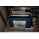 BOX OF ASSORTED MARITIME INTEREST PRINTS, PREDOMINANTLY NAMED BATTLE SHIPS.