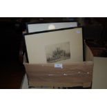 BOX - SIX ASSORTED BLACK AND WHITE ETCHINGS AND PRINTS, TO INCLUDE THE FERRY AFTER G. MORRISON,