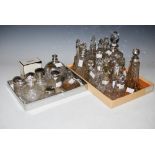 TWO TRAYS OF ASSORTED SILVER AND WHITE METAL MOUNTED DRESSING TABLE BOTTLES.