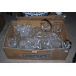 BOX OF ASSORTED GLASSWARE.