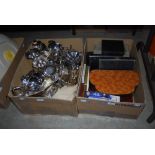 BOX OF ASSORTED EP WARE, TOGETHER WITH BOX OF ASSORTED CASED SETS OF CUTLERY, FLATWARE, ETC.