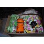 BOX OF ASSORTED FLOWER ENCRUSTED CERAMICS, MALING WARE, MID-CENTURY ORANGE COLOURED DUTCH POTTERY