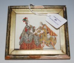 SMALL 19TH CENTURY WATERCOLOUR DEPICTING MALE AND FEMALE IN COURT DRESS, FRAMED AND GLAZED,