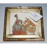 SMALL 19TH CENTURY WATERCOLOUR DEPICTING MALE AND FEMALE IN COURT DRESS, FRAMED AND GLAZED,