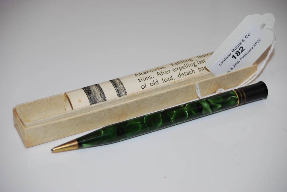 VINTAGE 'CONWAY STEWART DURO-POINT' PENCIL IN GREEN MARBLED CASE, IN ORIGINAL BOX WITH