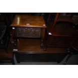 A 20TH CENTURY STAINED OAK COFFER TOGETHER WITH TWO STAINED OAK RECTANGULAR WORK BOXES WITH