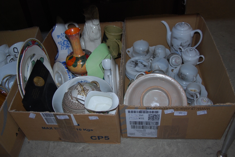 FOUR BOXES OF ASSORTED HOUSEHOLD CERAMICS, ORNAMENTAL WARES, POTTERY NESTING HENS, PART COFFEE SETS,