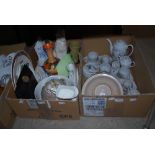 FOUR BOXES OF ASSORTED HOUSEHOLD CERAMICS, ORNAMENTAL WARES, POTTERY NESTING HENS, PART COFFEE SETS,