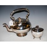 A 19TH CENTURY ELECTROPLATED TEA KETTLE, TOGETHER WITH A LATE 19TH/ EARLY 20TH CENTURY ELECTROPLATED