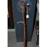 SILVER MOUNTED EBONISED WALKING CANE, ROOT WOOD CANE, HORN HANDLED CANE, AND PORCELAIN TOPPED