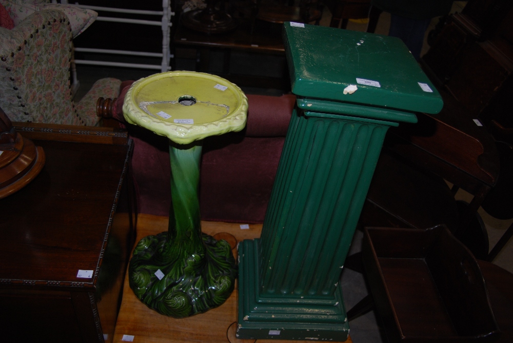 GREEN PAINTED PLASTER COLUMN WITH FLUTED DETAIL, TOGETHER WITH A YELLOW GREEN GLAZED CERAMIC