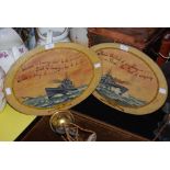 TWO WORLD WAR II PERIOD PAINTED OVAL PANELS OF MARITIME INTEREST, ONE 'USSR CONVOY 1944', THE
