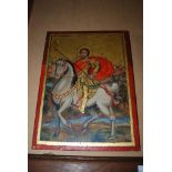 A 20TH CENTURY ICON, PAINTED IN A NA?VE STYLE WITH A FIGURE OF SAINT GEORGE ON HORSEBACK, PAINTED ON