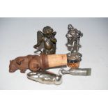 AN EARLY 20TH CENTURY VESTA HOLDER IN THE FORM OF A CRABS CLAW, PEWTER WHISTLE IN THE FORM OF A