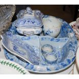 SMALL GROUP OF 19TH CENTURY BLUE PRINTED TABLEWARE TO INCLUDE OVAL SERVING DISH WITH FOUR DIVISION