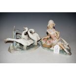 TWO LLADRO PORCELAIN FIGURE GROUPS, GIRL WITH BASKET OF FLOWERS AND TRIPLE GOOSE GROUP