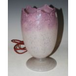 VASART GLASS TULIP LAMP MOTTLED PURPLE AND OPAQUE WHITE WITH BAND OF TYPICAL WHIRLS.