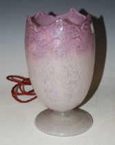 VASART GLASS TULIP LAMP MOTTLED PURPLE AND OPAQUE WHITE WITH BAND OF TYPICAL WHIRLS.