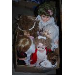 BOX CONTAINING COLLECTION OF EIGHT ASSORTED BISQUE AND COMPOSITE HEADED DOLLS, VARIOUS SIZES.