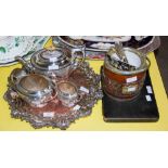 A GROUP OF PLATED ITEMS INCLUDING A VICTORIAN TEA SET, A SALVER, VARIOUS FLATWARE INCLUDING A