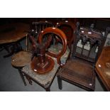 A PAIR OF ELM AND STAINED BEECH SPINDLE BACK SIDE CHAIRS, TWO VICTORIAN BALLOON BACK SIDE CHAIRS,