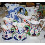 COLLECTION OF ASSORTED CERAMIC JUGS TO INCLUDE MASONS BLUE PRINTED PATENT IRONSTONE DRAGON-HANDLED