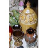 STUDIO POTTERY OCHRE GLAZED FLAGON, TOGETHER WITH A BROWN GLAZED STUDIO POTTERY JUG AND TWO WOBURN