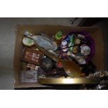 BOX OF ASSORTED WOODEN WARE, TWO CARVED HORN SPOONS, DRESSING TABLE MIRROR WITH CIRCULAR MIRROR