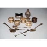 COLLECTION OF ASSORTED SILVER TO INCLUDE FIVE SILVER NAPKIN RINGS, SILVER SALT CELLAR WITH BLUE