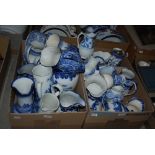 TWO BOXES OF ASSORTED BLUE PRINTED WARE, MAINLY JUGS.