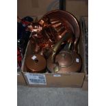 BOX OF ASSORTED COPPER WARE, JELLY MOULDS, KETTLE, ETC.