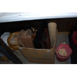 BOX OF ASSORTED WOODEN WARE, STONEWARE CROCK WITH WOODEN COVER, AND A BOXED BAGATELLE BOARD.