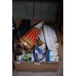 BOX OF ASSORTED HOUSEHOLD CERAMICS, COLLECTION OF THIMBLES, ETC.