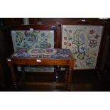 NEEDLEWORK UPHOLSTERED RECTANGULAR STOOL, TOGETHER WITH TWO NEEDLEWORK FIRE SCREENS.
