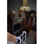 GROUP OF FURNITURE TO INCLUDE TWO-DOOR TV CABINET AND TWO SONY TV'S, WHITE PAINTED TOWEL RAIL,